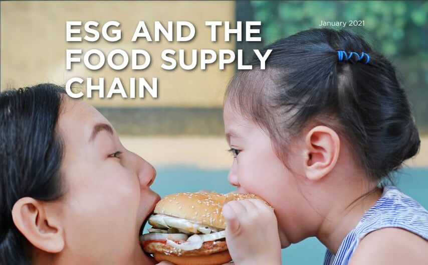 Photo of a woman and a young girl facing each other, both biting into the same burger from opposite sides. White title text overlaid reads 'ESG AND THE FOOD SUPPLY CHAIN' with 'January 2021' in the top right corner.