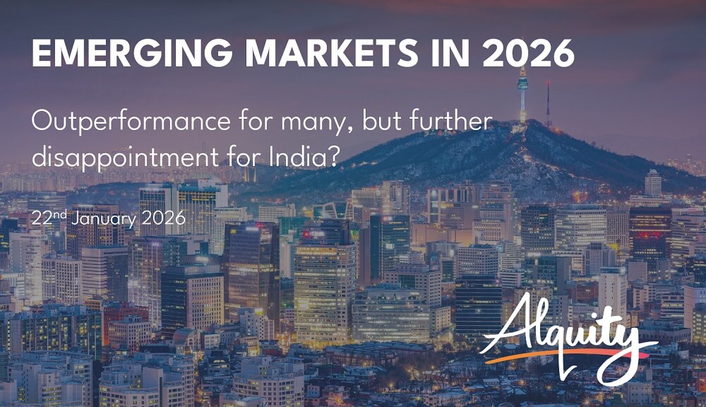 Alquity webinar banner: 'Emerging Markets in 2026 – Outperformance for many, but further disappointment for India?', 22nd January 2026, over nighttime city skyline.
